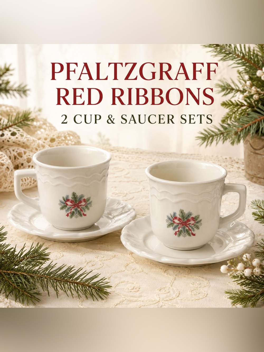 Vintage Pfaltzgraff Red Ribbons Cups Saucers Set of 2 Christmas Holiday
